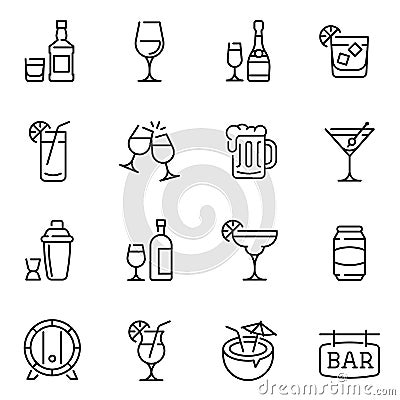Alcohol drinks thin line vector icons set Vector Illustration
