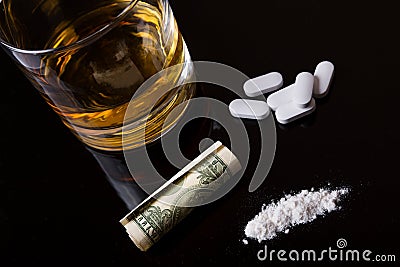 Alcohol, drugs and cocaine Stock Photo