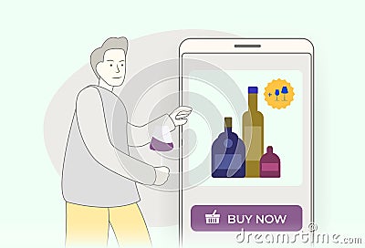Alcohol E-commerce - online purchase of alcohol concept. Specialized alco shop online mobile store with payment and Vector Illustration