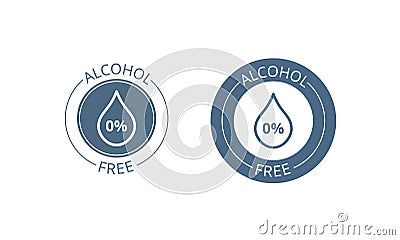 Alcohol free icon set. Skin and body care cosmetic product medical alcohol free drop and percent symbol. Isolated on white Vector Illustration