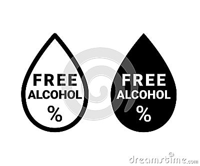 Alcohol free, icon. Sign for drinks, food, cosmetic or medical product. Alcohol free drop and percent symbol. Vector black and Stock Photo