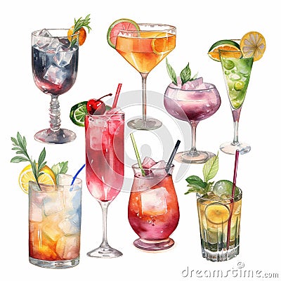 Alcohol beverage in glass with ice, mint, citrus slice for World Cocktail Day. Watercolor alcoholic drinks set. Generative AI Stock Photo