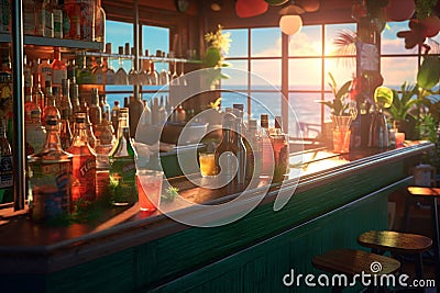 alcohol glass drink bar party interior vintage lemon cocktail beverage tropical. Generative AI. Stock Photo
