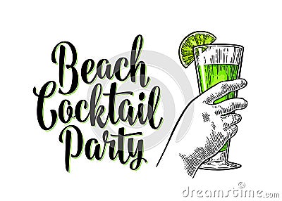 Alcohol green cocktail with slise lime. Vintage engraving with lettering. Vector Illustration