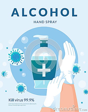 Alcohol hand gel. Bottle of liquid wash soap, hand in protective gloves, health hygiene, dispenser with pump and foam Vector Illustration