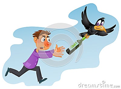 Alcohol is harmful to health. Drunk man trying to catch crow Vector Illustration