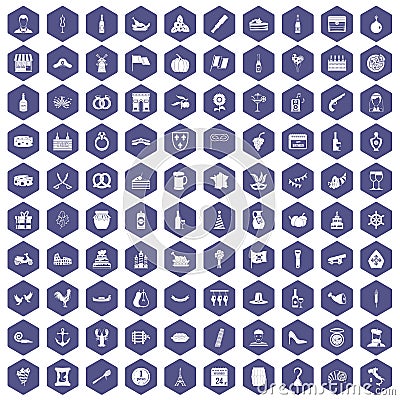 100 alcohol icons hexagon purple Vector Illustration