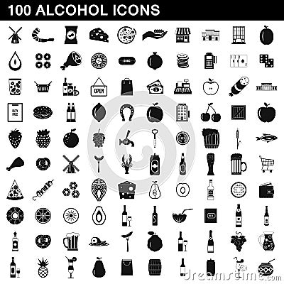 100 alcohol icons set, simple style Cartoon Illustration