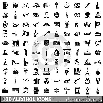 100 alcohol icons set, simple style Vector Illustration