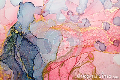 Alcohol ink abstract background. Watercolor style texture. Pink, blue and gold paint stains illustration. Cartoon Illustration