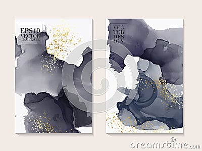 Alcohol ink flow in grey navy colors with golden glitter elements. Trendy marble texture and gold foil. Design for cover, banner, Vector Illustration