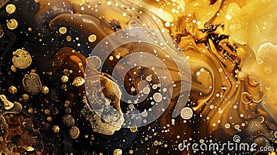 Alcohol ink painting abstract background in gold and black colors, swashes, splashes and bubbles rich layered hand drawn Stock Photo