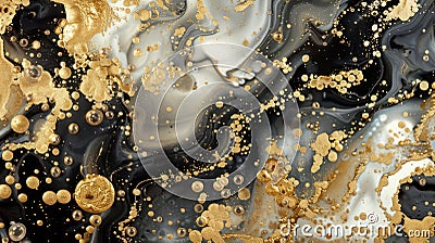 Alcohol ink painting abstract background in gold and black colors, swashes, splashes and bubbles rich layered hand drawn Stock Photo