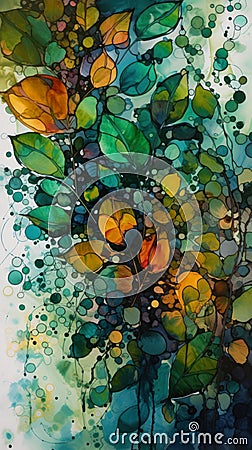 Alcohol Ink and Pointillism Fusion Jungle Leaves Tree Pastel Vibrant Fine Bubbles Flowing Rhythms Birch Deep Color Paper Peac Stock Photo