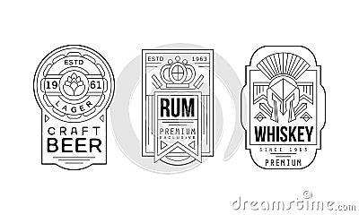 Alcohol Labels with Beer, Rum and Whiskey Vector Set Vector Illustration