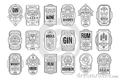 Alcohol labels set, retro alcohol industry monochrome emblem vector Illustration on a white background Vector Illustration