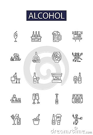 Alcohol line vector icons and signs. Beer, Wine, Drink, Whiskey, Moonshine, Shots, Tequila, Liqueur outline vector Vector Illustration