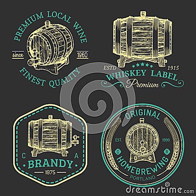 Alcohol logos.Wooden barrels set with drinks signs of cognac,brandy,whiskey,wine,beer.Labels, badges with sketched kegs. Vector Illustration