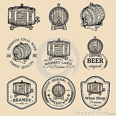 Alcohol logos. Wooden barrels set with drinks signs of cognac,brandy,whiskey,wine,beer. Labels with hand sketched kegs. Vector Illustration