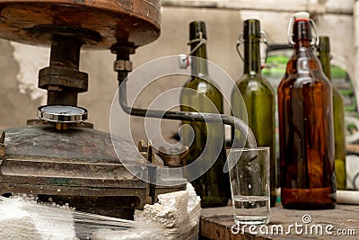 Alcohol production in home conditions. Accessories for the production of homemade moonshine Stock Photo