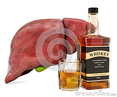 Alcohol-related liver disease, human liver with alcohol drink. 3D rendering Stock Photo