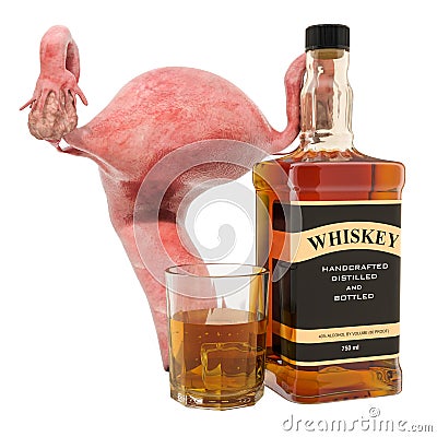 Alcohol`s Effects on Female Reproductive Function concept. Female uterus with alcohol drink. 3D rendering Stock Photo