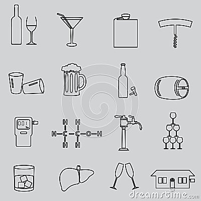 Alcohol simple outline black icons set Vector Illustration