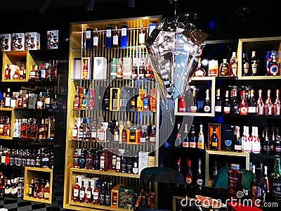 Alcohol store - different alcoholic beverages Editorial Stock Photo