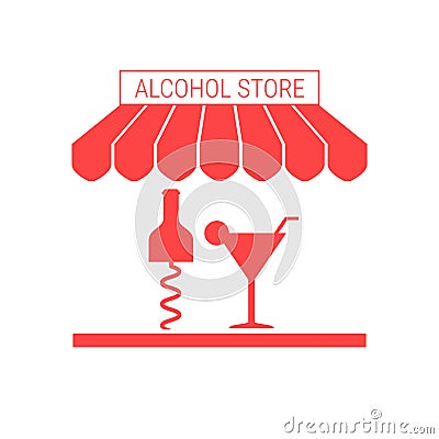 Alcohol Store, Liquor Shop, Bar Single Flat Vector Icon. Striped Awning and Signboard Vector Illustration