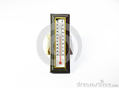 Alcohol thermometer in frame. Red scale thermometer Stock Photo