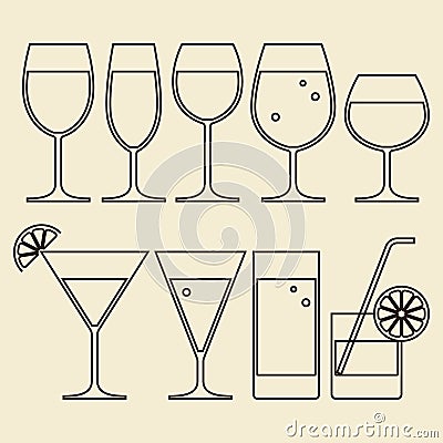 Alcohol, Wine, Beer, Cocktail and Water Glasses Stock Photo