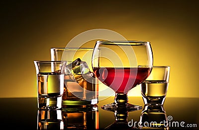 Alcohol - Wine, Whiskey and Shot Glasses Stock Photo