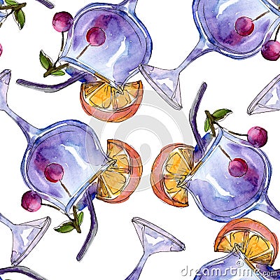 Alcoholic bar party cocktail drink. Watercolor background illustration set. Seamless background pattern. Stock Photo