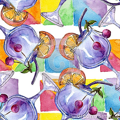 Alcoholic bar party cocktail drink. Watercolor background illustration set. Seamless background pattern. Stock Photo