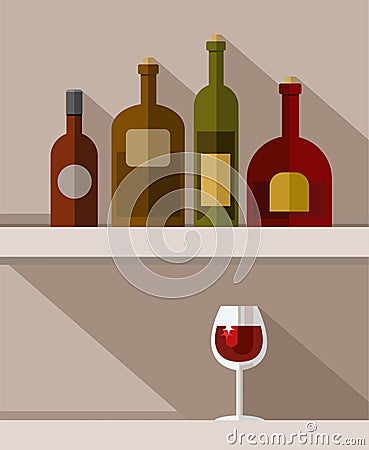 Alcoholic beverages bottles, red wine glass, coloured illustrations. Vector Illustration