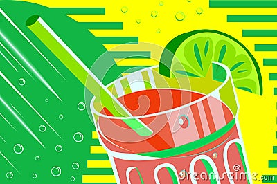 Alcoholic cocktail with fresh lime and straw Vector Illustration