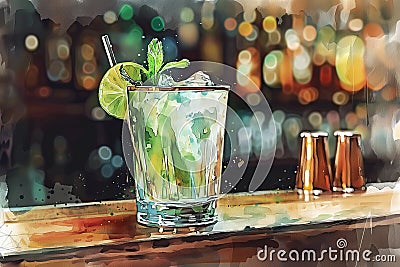 Alcoholic cocktail Moscow mullah with lime and mint on the bar counter in the bar in watercolor style Stock Photo