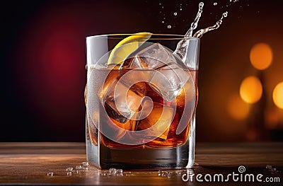 cocktail whiskey cola, summer cocktail with lemon, soft drink with ice, International Bartenders Day, water drops, Stock Photo