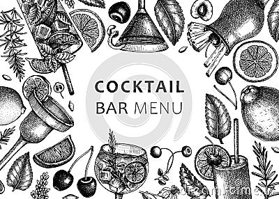 Alcoholic cocktails background. Glass of margarita, mojito, Pina colada, cosmopolitan, tequila sunrise banner design. Hand- Vector Illustration