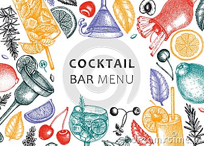 Alcoholic cocktails background. Glass of margarita, mojito, Pina colada, cosmopolitan, tequila sunrise banner design. Hand- Vector Illustration