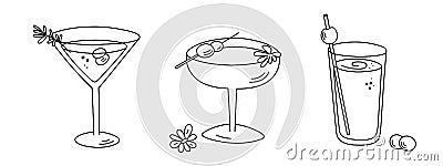 Alcoholic cocktails set, long drink beverages for holiday celebrating. Use for decorating design festive menu. Hand-drawn doodle Vector Illustration