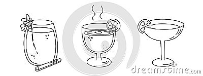 Alcoholic cocktails set, long drink beverages for holiday celebrating. Use for decorating design festive menu. Hand-drawn doodle Vector Illustration