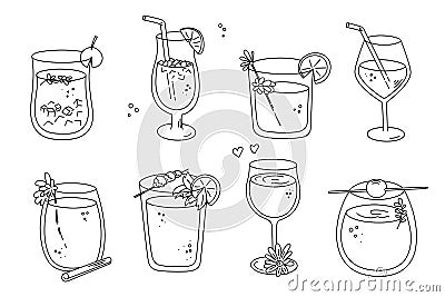 Alcoholic cocktails set, long drink beverages for holiday celebrating. Use for decorating design festive menu. Hand-drawn doodle Vector Illustration