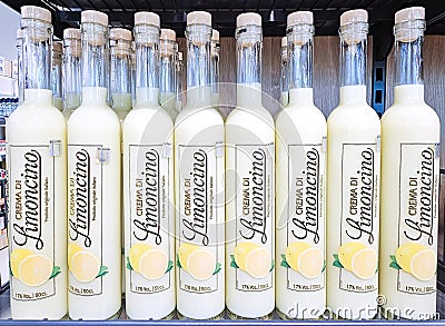 Alcoholic drink Crema di Limoncino on the promotional shelf in the Lidl store, Riga Editorial Stock Photo