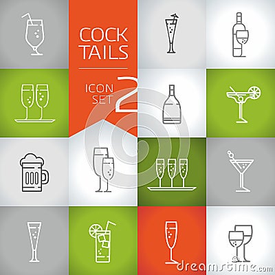 Alcoholic Drinks and cocktail outline Vector icons set Vector Illustration