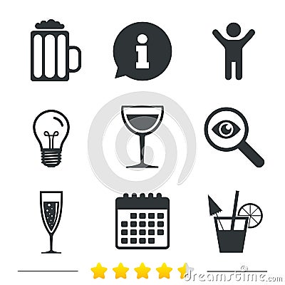 Alcoholic drinks signs. Champagne, beer icons. Vector Illustration