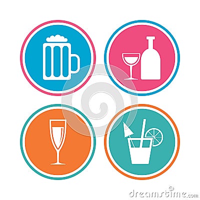 Alcoholic drinks signs. Champagne, beer icons. Vector Illustration