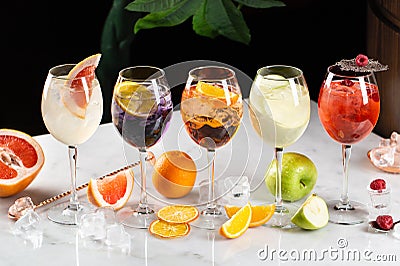 Alcoholic nonalcoholic cocktail drinks ice fruits berries Stock Photo