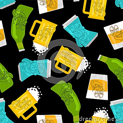 Alcoholic pattern seamless. Drunk bottle beer and Whiskey cartoon background Vector Illustration