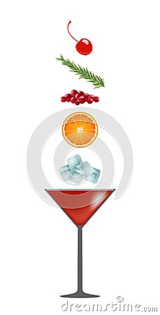 Alcoholic red cocktail cosmopolitan glass and ingredients: ice orange cranberry rosemary maraschino cherry. Vertical vector Vector Illustration